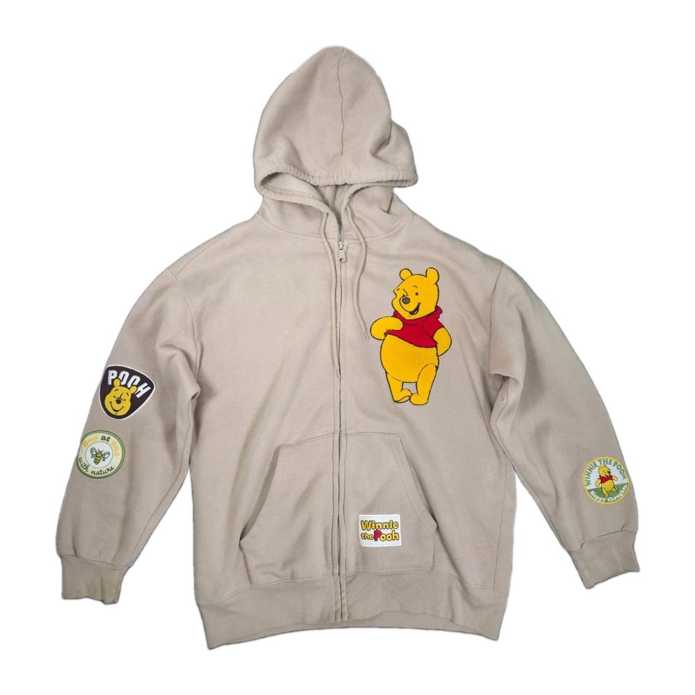 Disney Winnie The Pooh Hoodie Womens Large Beige Full Zip Graphic Patch
